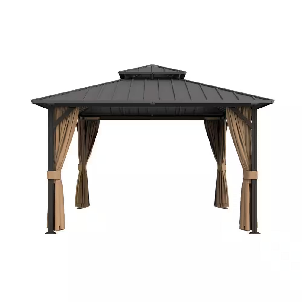 10 Ft. X 10 Ft. Double Galvanized Steel Roof Aluminum Frame Outdoor Patio Hardtop Gazebo with Netting and Curtains