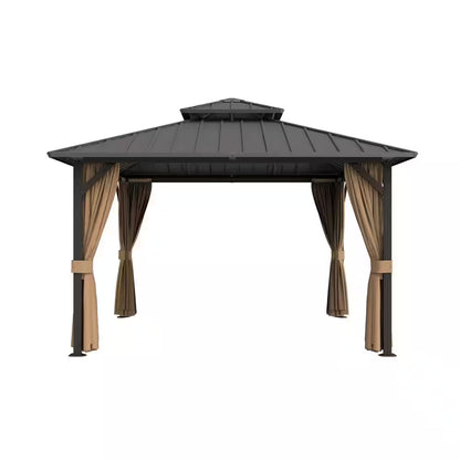 10 Ft. X 10 Ft. Double Galvanized Steel Roof Aluminum Frame Outdoor Patio Hardtop Gazebo with Netting and Curtains