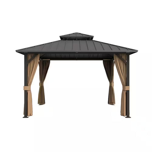 10 Ft. X 10 Ft. Double Galvanized Steel Roof Aluminum Frame Outdoor Patio Hardtop Gazebo with Netting and Curtains