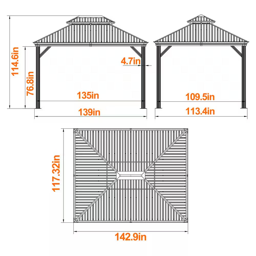 10 Ft. X 12 Ft. Wood Grain Aluminum Gazebo Galvanized Steel Double Top Roof with Curtains and Textilene Netting