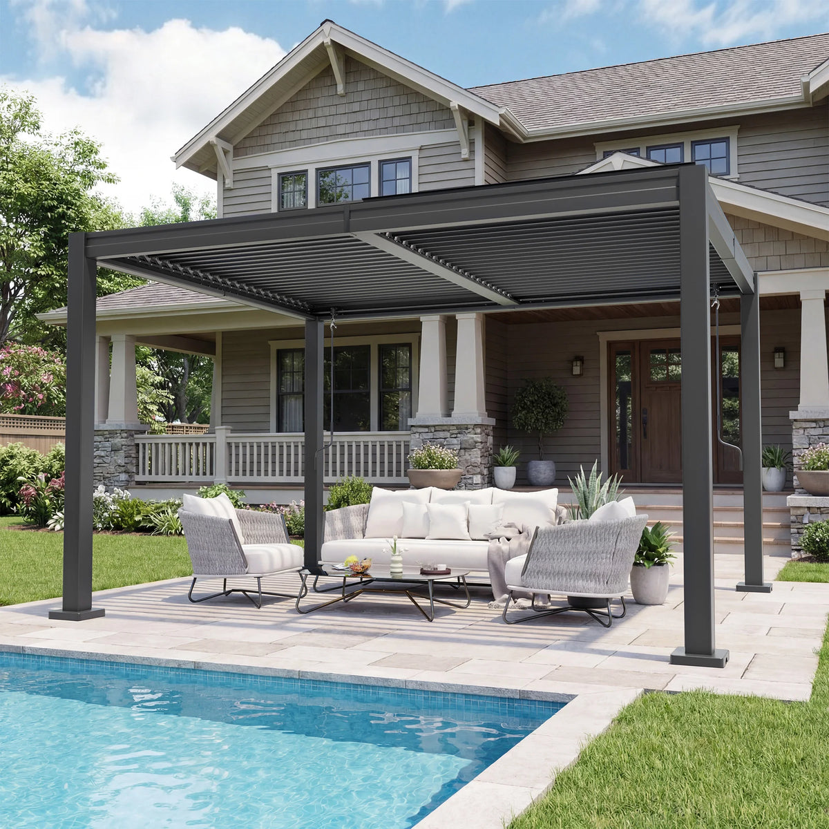 10X12/12X20Ft Louvered Pergola, Waterproof Roof All Weather Rust-Resistant Gazebo for Backyard Patio