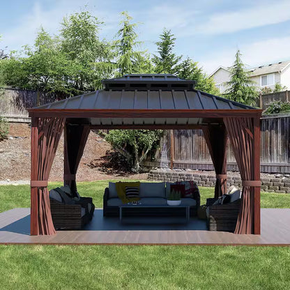 10 Ft. X 12 Ft. Wood Grain Aluminum Gazebo Galvanized Steel Double Top Roof with Curtains and Textilene Netting