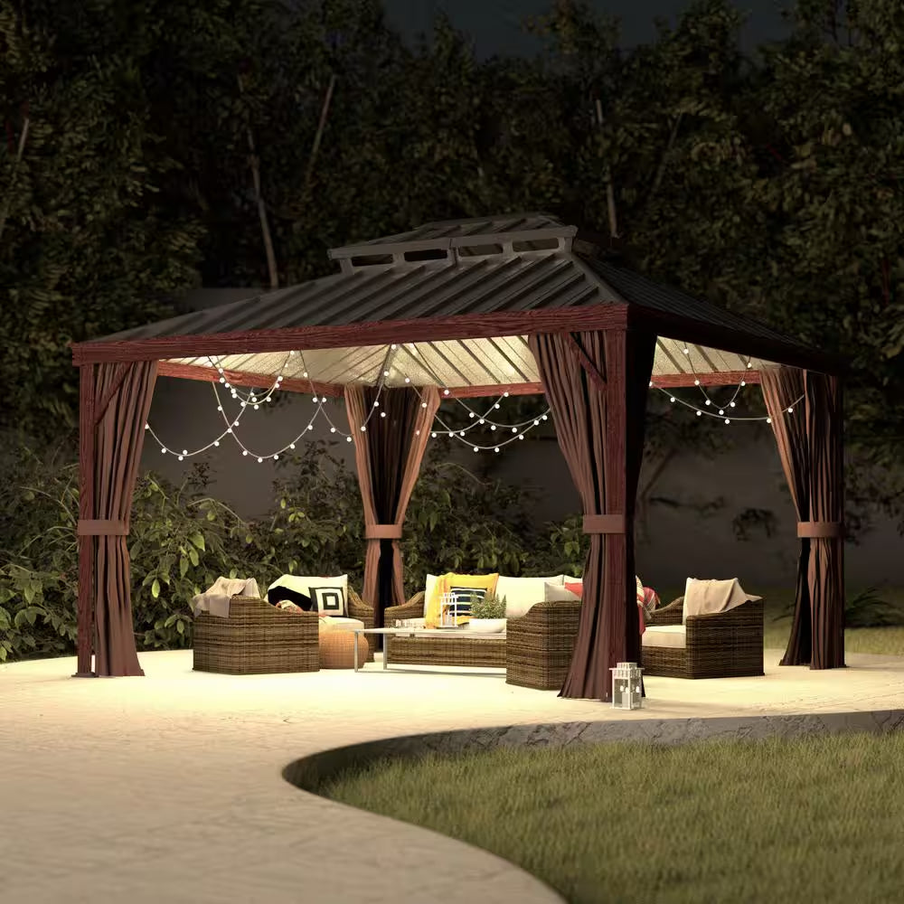 10 Ft. X 12 Ft. Wood Grain Aluminum Gazebo Galvanized Steel Double Top Roof with Curtains and Textilene Netting