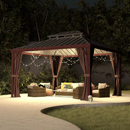 10 Ft. X 12 Ft. Wood Grain Aluminum Gazebo Galvanized Steel Double Top Roof with Curtains and Textilene Netting