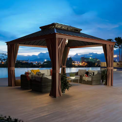 10 Ft. X 12 Ft. Wood Grain Aluminum Gazebo Galvanized Steel Double Top Roof with Curtains and Textilene Netting