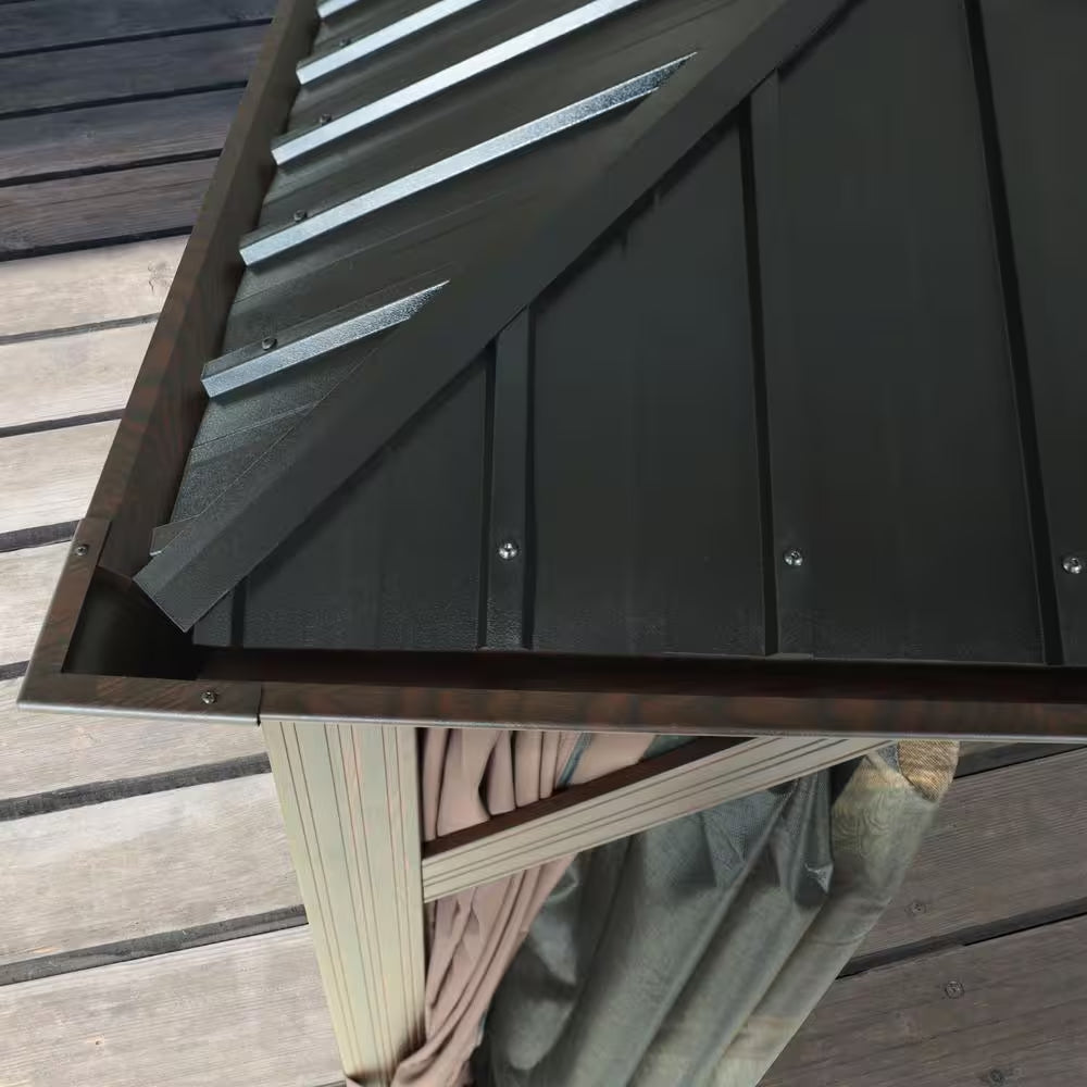 10 Ft. X 12 Ft. Wood Grain Aluminum Gazebo Galvanized Steel Double Top Roof with Curtains and Textilene Netting