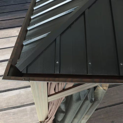10 Ft. X 12 Ft. Wood Grain Aluminum Gazebo Galvanized Steel Double Top Roof with Curtains and Textilene Netting
