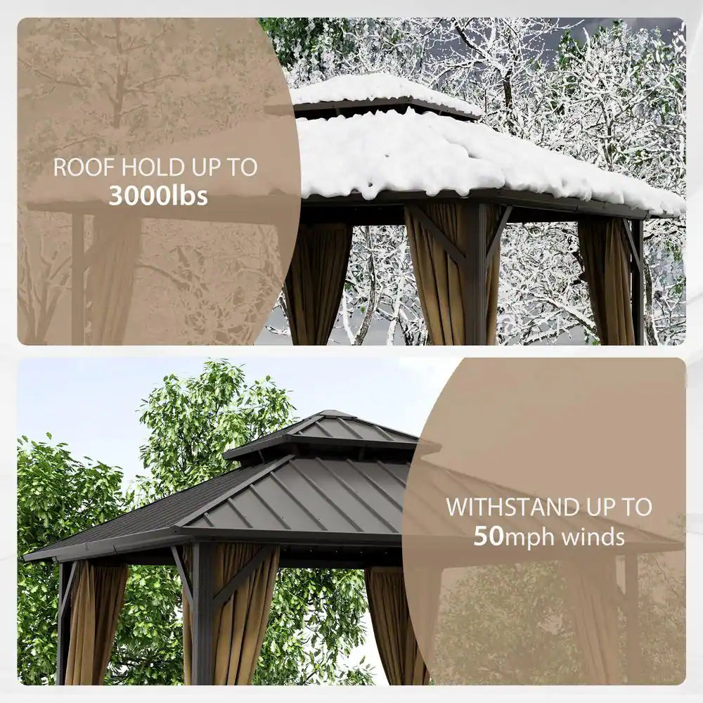 10 Ft. X 10 Ft. Double Galvanized Steel Roof Aluminum Frame Outdoor Patio Hardtop Gazebo with Netting and Curtains