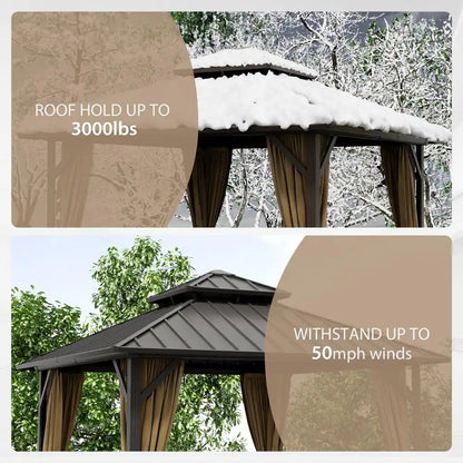 10 Ft. X 10 Ft. Double Galvanized Steel Roof Aluminum Frame Outdoor Patio Hardtop Gazebo with Netting and Curtains