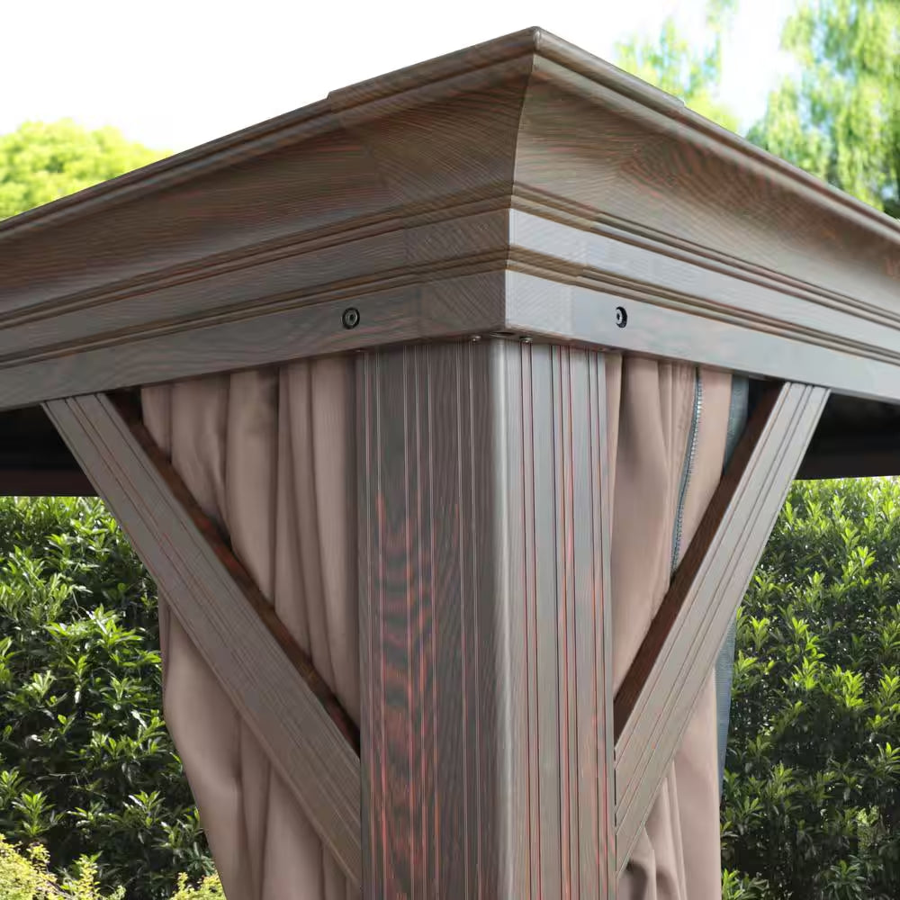 10 Ft. X 12 Ft. Wood Grain Aluminum Gazebo Galvanized Steel Double Top Roof with Curtains and Textilene Netting