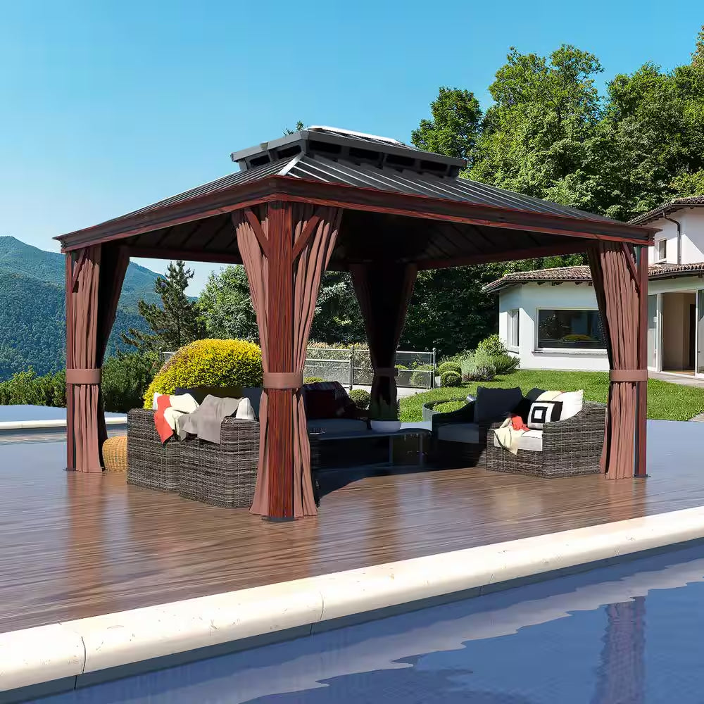 10 Ft. X 12 Ft. Wood Grain Aluminum Gazebo Galvanized Steel Double Top Roof with Curtains and Textilene Netting