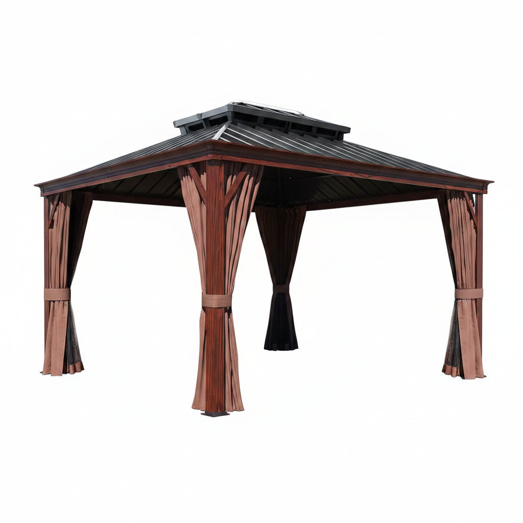 10 Ft. X 12 Ft. Wood Grain Aluminum Gazebo Galvanized Steel Double Top Roof with Curtains and Textilene Netting