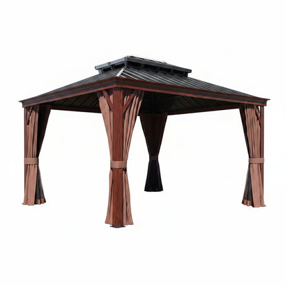 10 Ft. X 12 Ft. Wood Grain Aluminum Gazebo Galvanized Steel Double Top Roof with Curtains and Textilene Netting