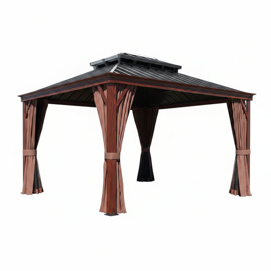 10 Ft. X 12 Ft. Wood Grain Aluminum Gazebo Galvanized Steel Double Top Roof with Curtains and Textilene Netting