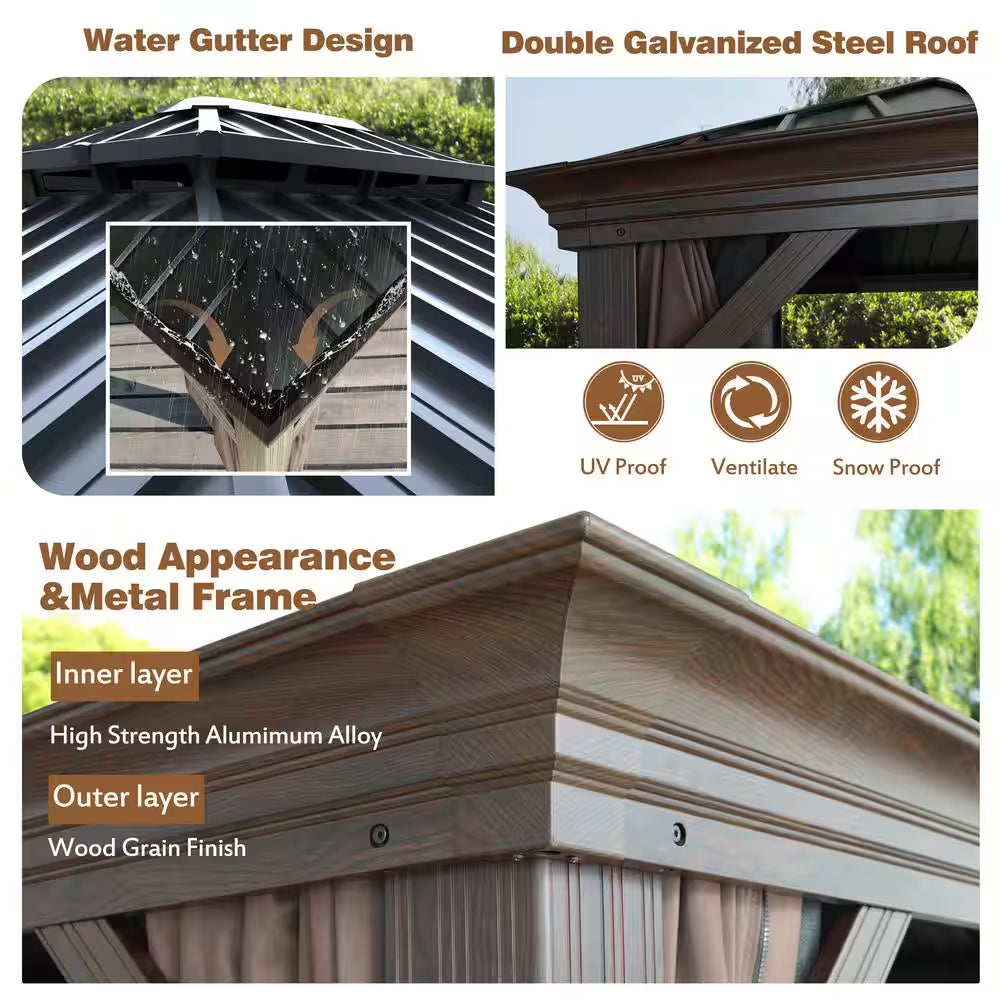 10 Ft. X 12 Ft. Wood Grain Aluminum Gazebo Galvanized Steel Double Top Roof with Curtains and Textilene Netting