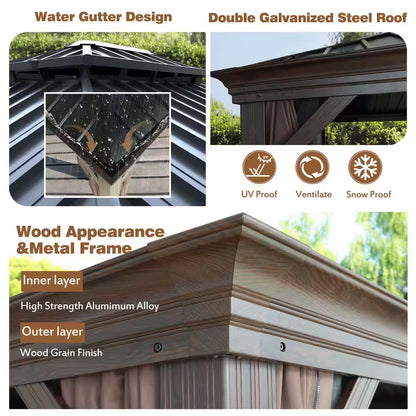 10 Ft. X 12 Ft. Wood Grain Aluminum Gazebo Galvanized Steel Double Top Roof with Curtains and Textilene Netting