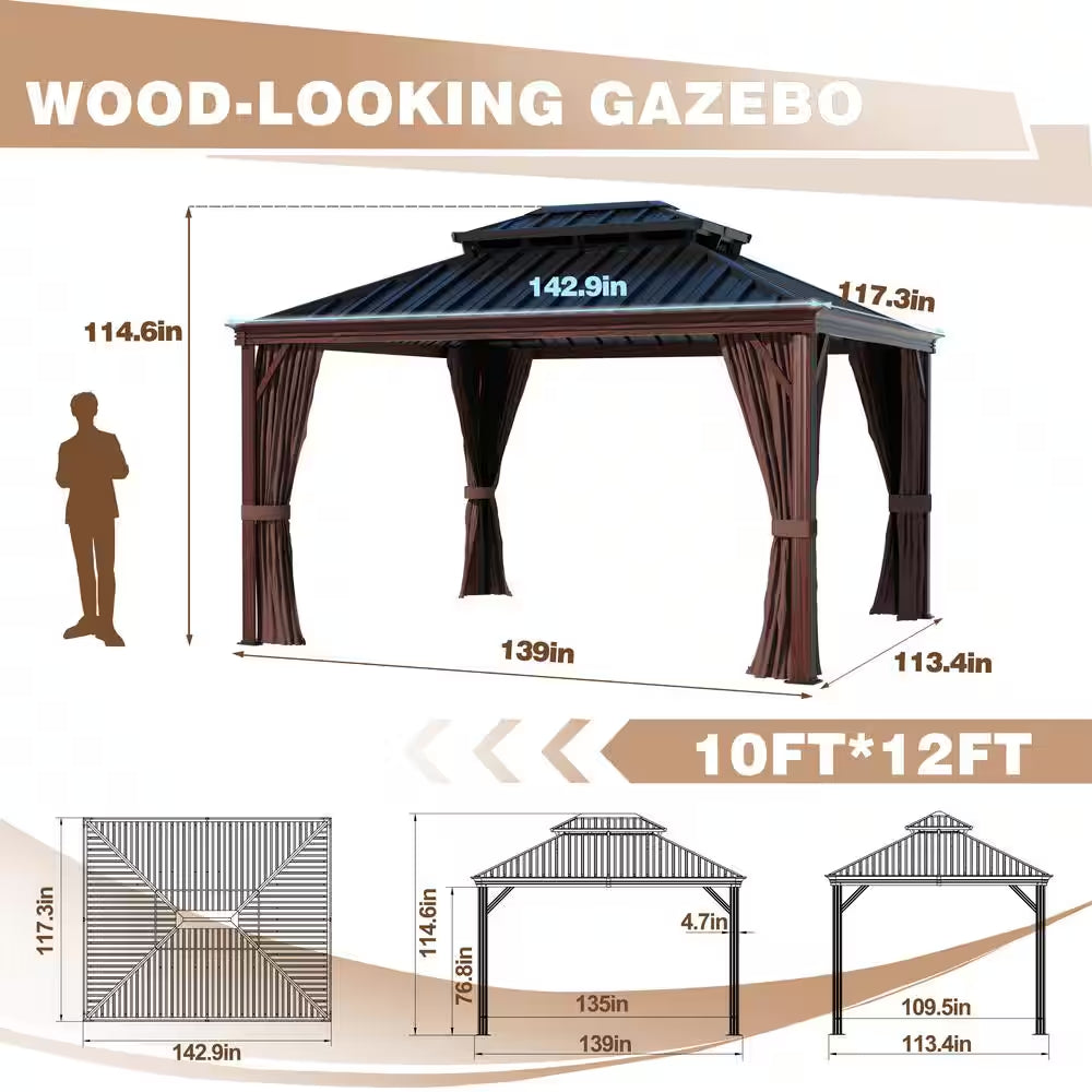 10 Ft. X 12 Ft. Wood Grain Aluminum Gazebo Galvanized Steel Double Top Roof with Curtains and Textilene Netting