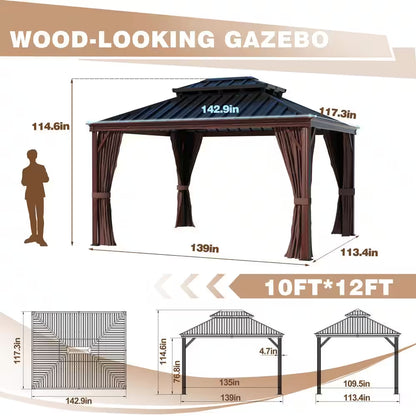 10 Ft. X 12 Ft. Wood Grain Aluminum Gazebo Galvanized Steel Double Top Roof with Curtains and Textilene Netting