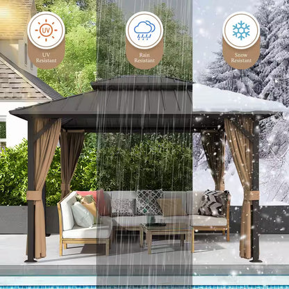12 Ft. X 16 Ft. Double Galvanized Steel Roof Aluminum Frame Outdoor Patio Hardtop Gazebo with Netting and Curtains