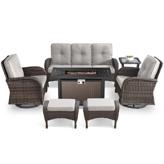 7 Piece Outdoor Patio Furniture Set, Patio Furniture Set with Fire Pit Table Rattan Wicker Patio Furniture Set, Brown Wicker & Beige Cushion